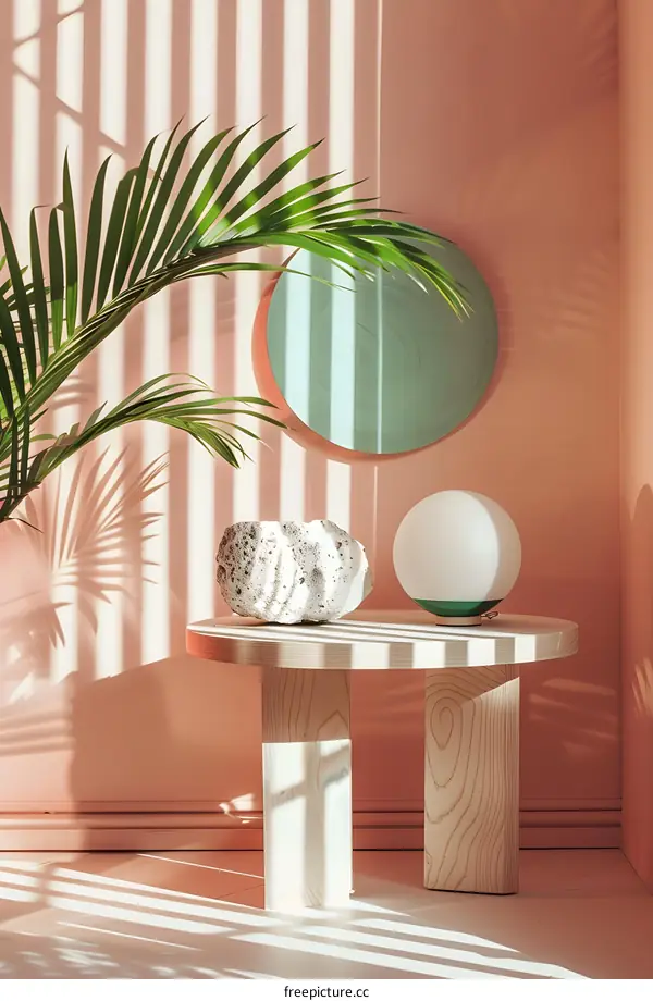 Minimalist Interior Design with Palm Leaf and Wooden Table