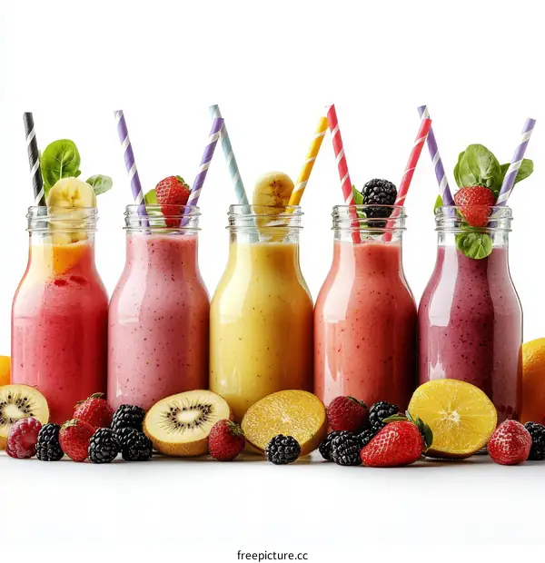 Assortment of Colorful Fruit Smoothies in Glass Bottles