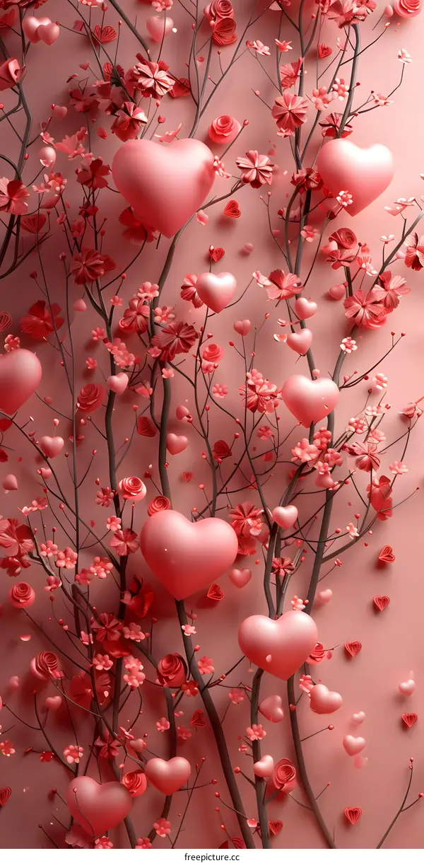 Pink heart-shaped balloons among pink flowers and branches