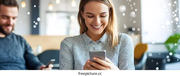 Smiling Woman Using Smartphone at Workplace