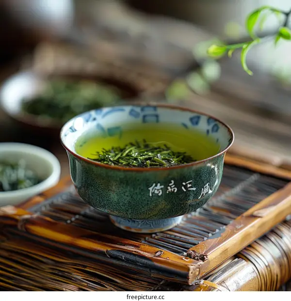 A cup of green tea on a bamboo table