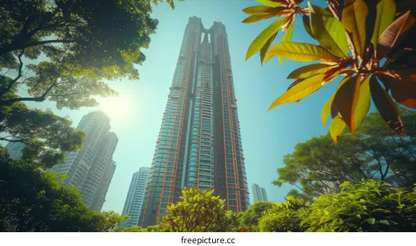 A high-rise residential building surrounded by lush greenery