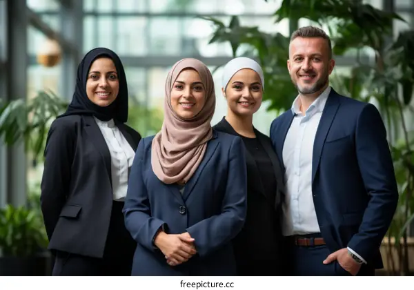 A group of four business professionals posing for a photo in an office