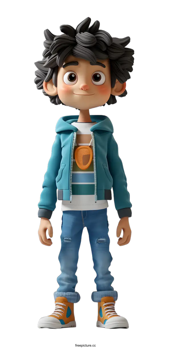 [Transparent Background PNG]Smiling 3D Cartoon Boy Wearing Blue Hoodie and Jeans