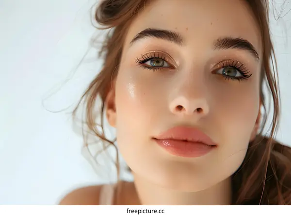 Close-up portrait of a beautiful young woman with green eyes and brown hair