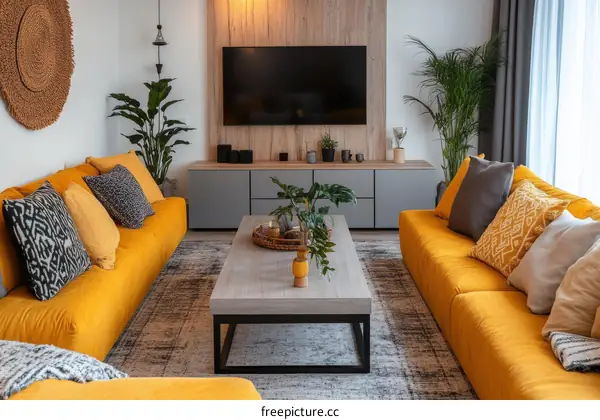 Modern Mustard Yellow Living Room with Natural Elements