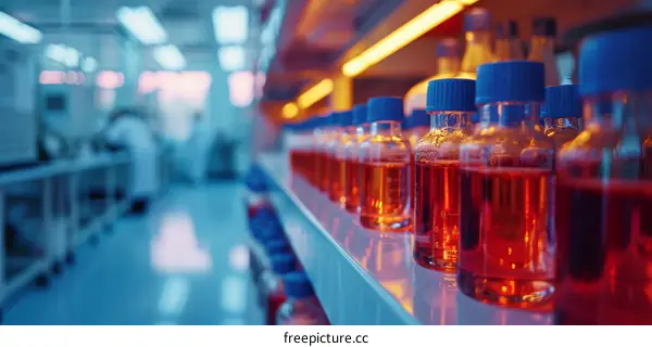 Glass Bottles with Orange Liquid on Shelf in Science Lab