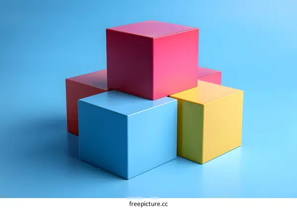 Four 3D cubes of different colors stacked on top of each other against a blue background