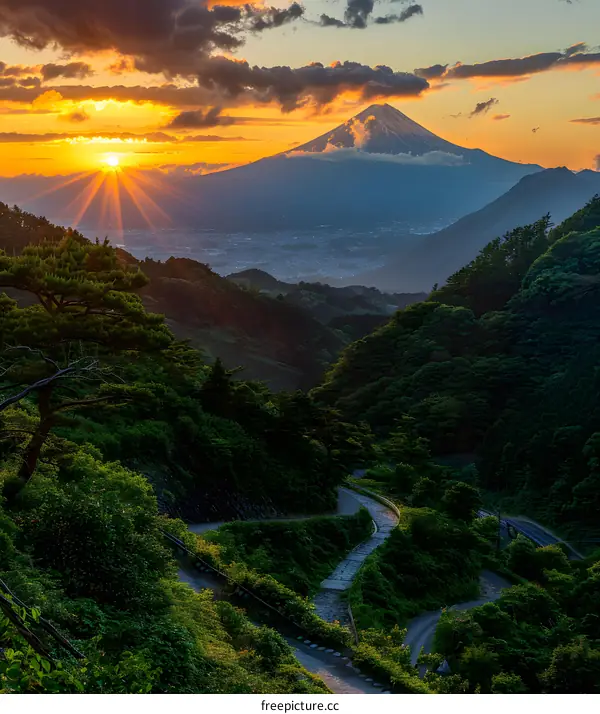 Sunset over Mount Fuji and winding road
