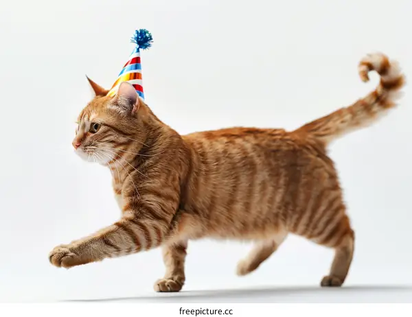 A ginger cat wearing a birthday hat