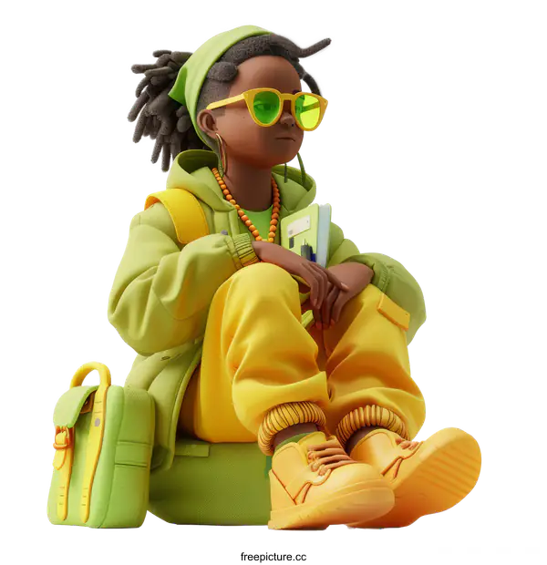 [Transparent Background PNG]A 3D illustration of a black woman wearing green sunglasses and a yellow outfit, sitting on a green suitcase