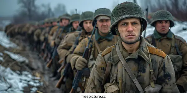 A group of soldiers in military uniform from World War II.