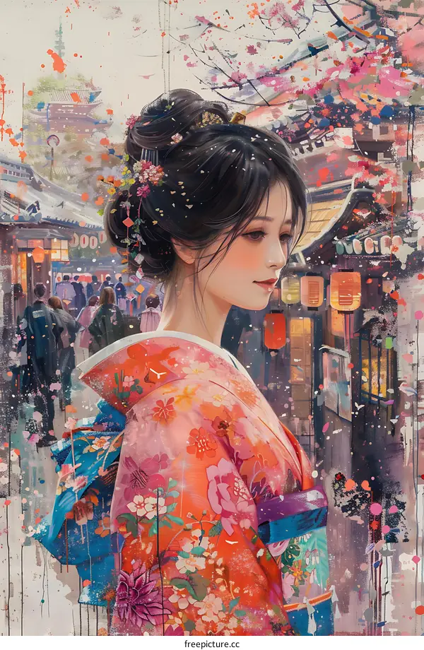 Woman in Traditional Japanese Kimono with Floral Design