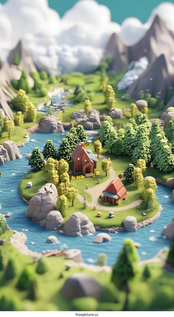 3D Render of a Small Village in the Mountains