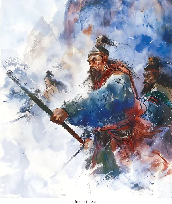 Watercolor Painting of Chinese Warriors in Snow