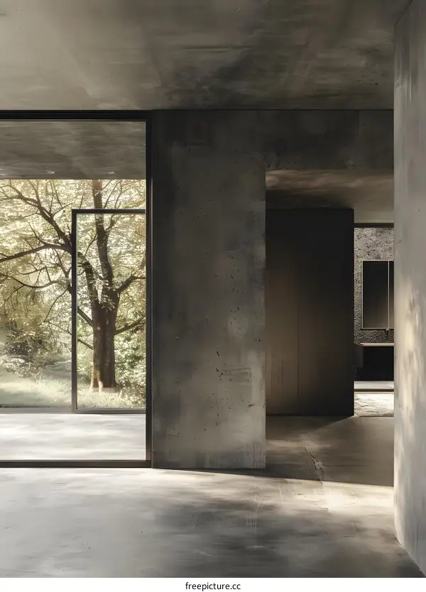 Minimalist Interior Design with Concrete Walls and Large Window