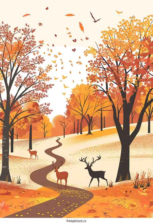Autumn Forest Landscape With Winding Path and Deer