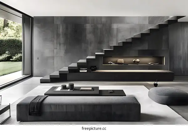 Modern Minimalist Interior Design with Concrete Wall and Floating Stairs