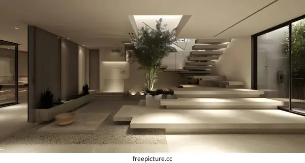 Modern Minimalist Interior Design With Concrete Staircase And Minimalist Greenery