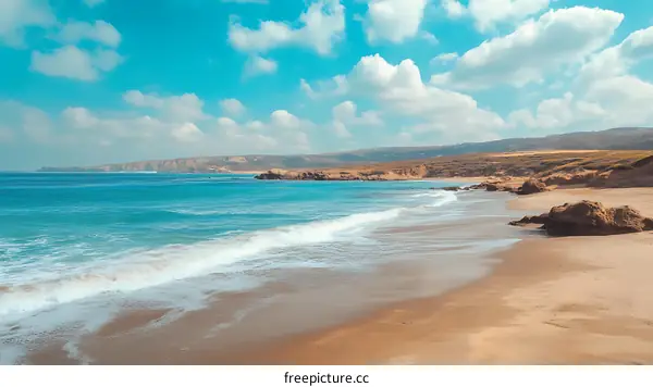 Scenic View of a Sandy Beach With Ocean Waves Crashing on Shore