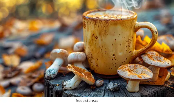 Rustic cup of coffee in the woods with mushrooms