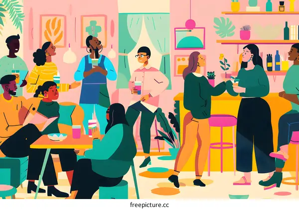 Friends Gathering in a Modern Cafe Illustration
