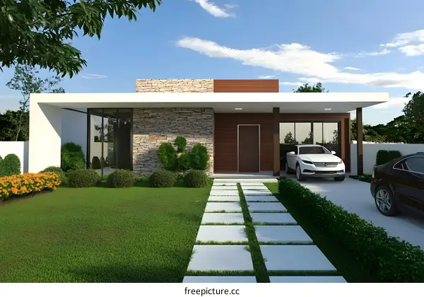 Modern House with Stone Wall and Garden