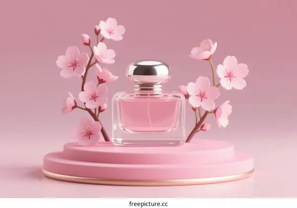Elegant Perfume Bottle with Cherry Blossom Decoration on Pink Background