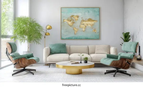 Modern Living Room with World Map Artwork