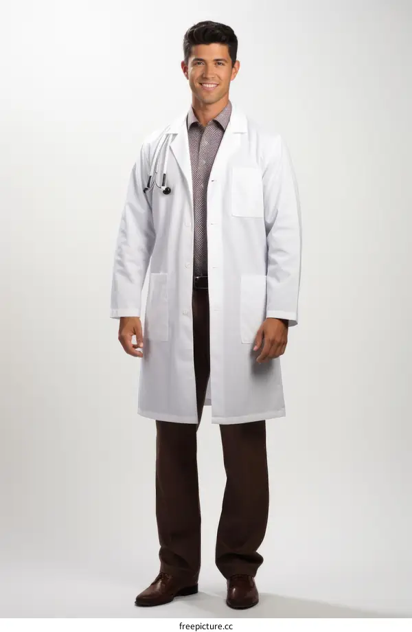A young male doctor in a white lab coat and brown pants