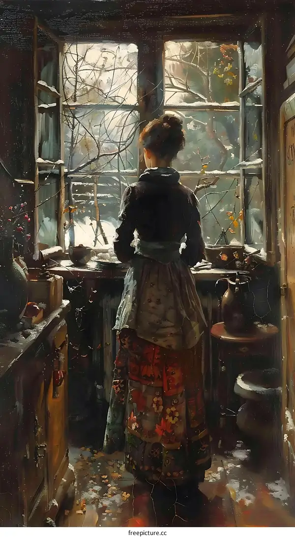 Woman Looking Out The Window In A Snowy Day