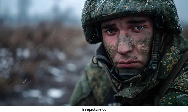 Portrait of a soldier with a dirty face in the rain