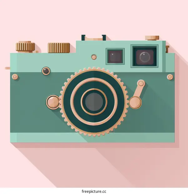 An illustration of a vintage camera with a pink background