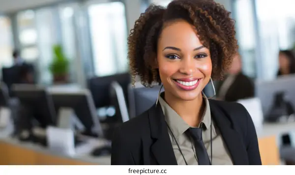 Smiling businesswoman with curly hair wearing suit and tie in office