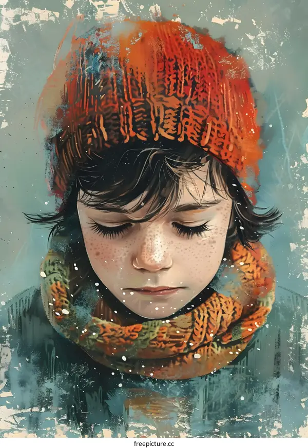 Portrait of a Young Girl Wearing a Knitted Hat and Scarf