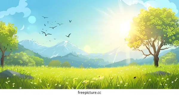 Green Meadow Landscape with Mountains and Birds