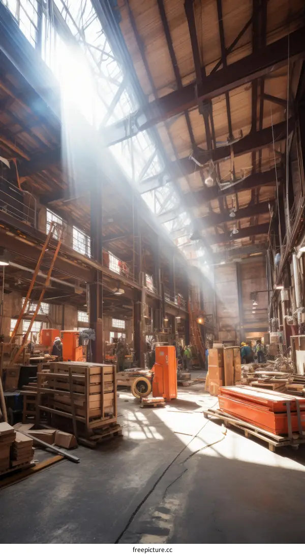 Industrial workers wearing hardhats working in a large warehouse