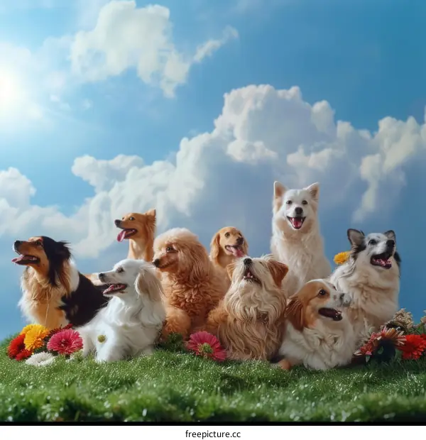 A Group of Dogs Sitting on a Grassy Hill