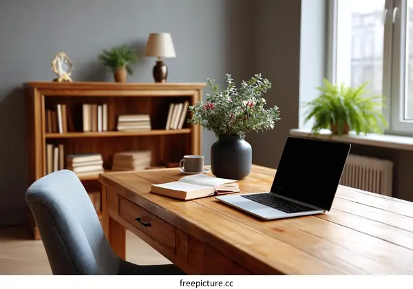 Cozy Home Office Workspace with Wooden Table