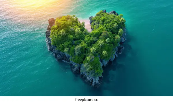 Small heart-shaped island with palm trees in the middle of the ocean