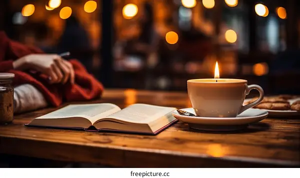 A woman is reading a book in a cafe.