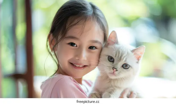 Little girl hugging a white cat