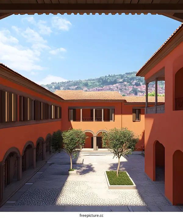 Courtyard of an Italian Villa with a View of the Hills