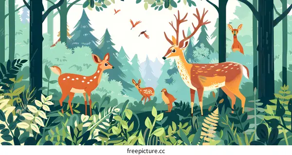 Forest Animals Illustration With Deer and Birds