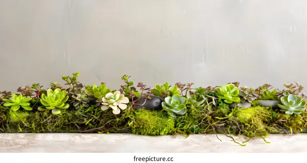 Green Succulents and Moss in a Row