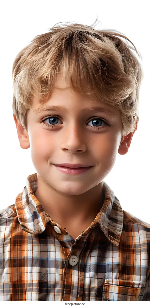 Portrait of a Happy Young Boy Wearing a Plaid Shirt