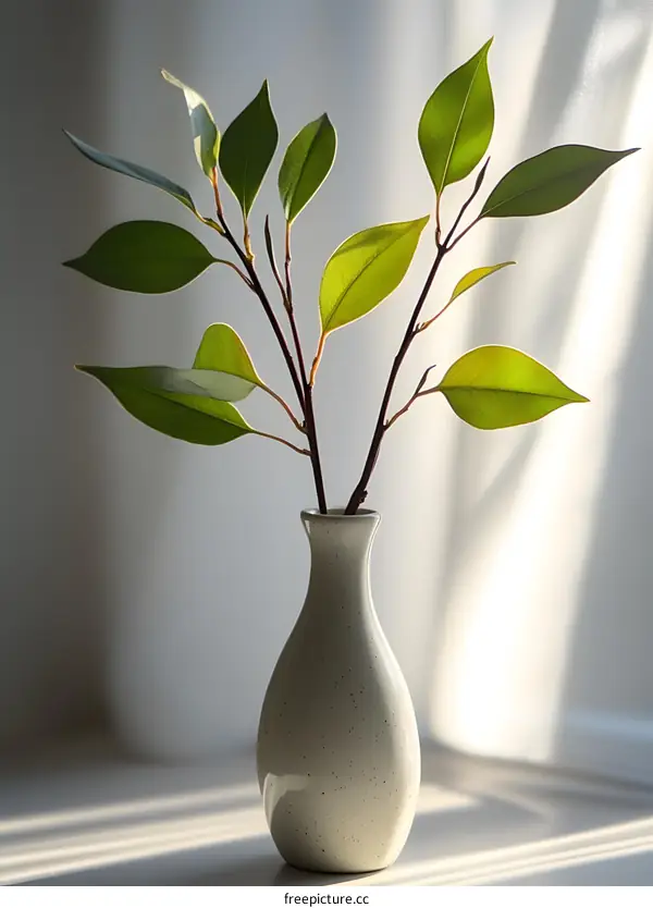 Green Leaves in White Vase Near Window