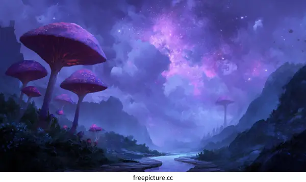 Mystical Night Glow Mushrooms in a Valley