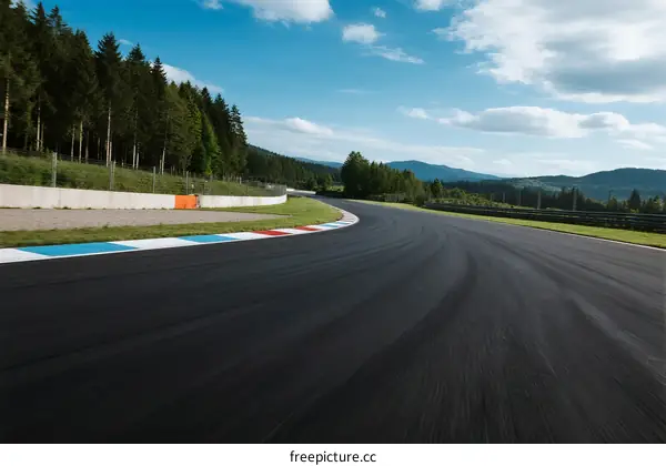 Smooth asphalt racing track with green surroundings under a clear sky
