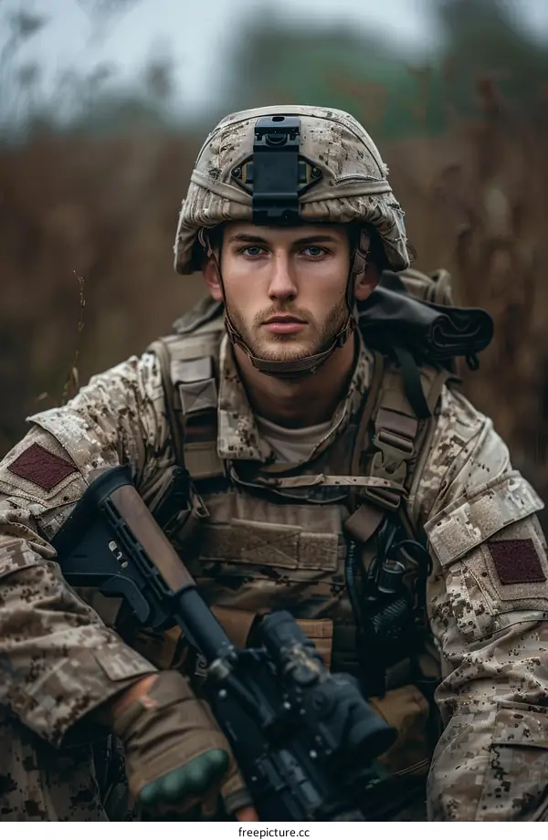 Soldier in Camouflage Gear and Helmet Holding a Gun